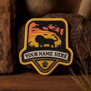 Iron-on Custom Name Patch/Personalized Text Patch/Lion Logo/Zoo Patch/Africa Badge/Embroidered Applique/Nature Lover Gift/Wild Animal Patch