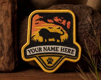 Iron-on Custom Name Patch/Personalized Text Patch/Lion Logo/Zoo Patch/Africa Badge/Embroidered Applique/Nature Lover Gift/Wild Animal Patch