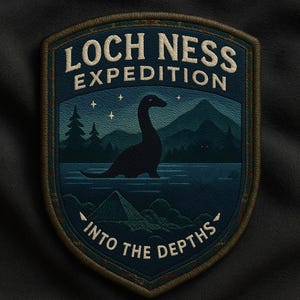 Può includere: Toppa ricamata con un design della spedizione di Loch Ness. La toppa presenta una scena di lago blu scuro con la silhouette del mostro di Loch Ness, montagne e il testo "Loch Ness Expedition" e "Into the Depths".