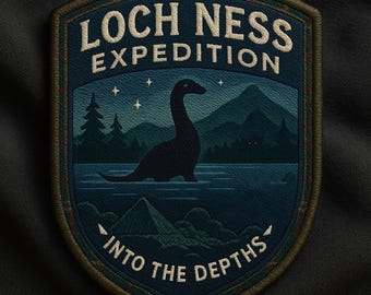 May include: Embroidered patch with a Loch Ness Expedition design. The patch features a dark blue lake scene with a silhouette of the Loch Ness Monster, mountains, and text that reads "Loch Ness Expedition" and "Into the Depths".