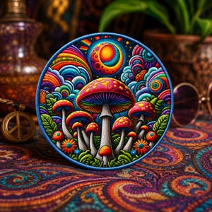 May include: A round, embroidered patch featuring a vibrant psychedelic mushroom design. The patch showcases colorful mushrooms, a rainbow, and a celestial body against a blue border. The patch is a colorful accessory.