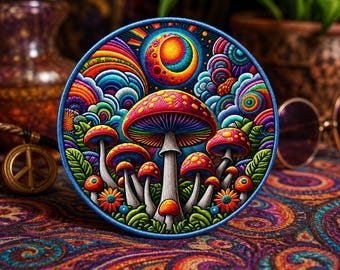 Parche de hongos mágicos psicodélicos / Parche termoadhesivo / Estilo retro hippie boho Woodstock / Aplique para coser en ropa, chaleco, chaqueta, sombrero, mochila o bolso
