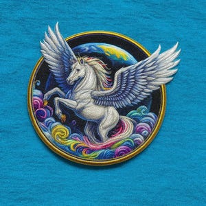 Einhorn Aufnäher zum Aufbügeln/Aufnähen für Rucksack, Kleidung, Taschen, Geflügeltes Pferd Aufnäher, Märchen & Fantasy Aufnäher, Hengst Aufnäher