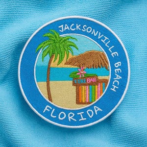 Jacksonville Florida Beach Patch/Iron-On Patch/Beach Vibes, Tiki Bar, Happy Hour/Souvenir/Embroidered Sew-On Applique for Tote Bags Clothing