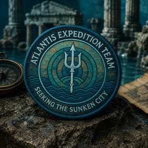 Op de afbeelding: Een ronde, blauw en groene patch met de tekst "ATLANTIS EXPEDITION TEAM" en "SEEKING THE SUNKEN CITY". De patch toont een drietand en gestileerde golven, die een onderwaterthema oproepen. Een kompas en een kaart zijn op de achtergrond.
