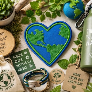Planet Earth Heart Patch/Iron-on Patch//Earth Day/Save the Planet/Eco Badge/Embroidered Sew-On Applique Applique for Clothing Vest Backpack