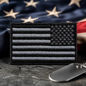American Flag Patch Reverse USA Black & Grey - Veteran Made Military Badge - Iron-On Applique, Durable Stitching, Tactical Gear