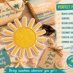 May include: A circular yellow sun patch with a light purple border and radiating rays. The patch features a textured surface and is displayed alongside a beige woven bag, a notebook, sunglasses, seashells, a starfish, and a teal sign with text.