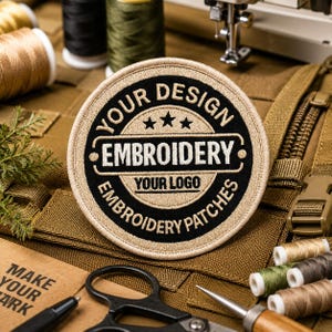 Peut inclure: Un écusson brodé circulaire avec un centre noir et du texte beige indiquant YOUR DESIGN, EMBROIDERY, YOUR LOGO et EMBROIDERY PATCHES. L'écusson présente une bordure beige et trois petites étoiles au-dessus du texte central, le tout brodé.