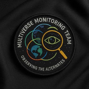 May include: Embroidered patch with the text "MULTIVERSE MONITORING TEAM OBSERVING THE ALTERNATES." The patch features a magnifying glass over an eye, with colourful interconnected circles and a depiction of Earth.