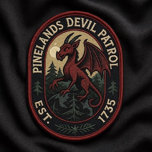 Può includere: Toppa ovale ricamata con la scritta "Pinelands Devil Patrol" e "Est. 1735". La toppa presenta un drago rosso con le ali, sullo sfondo di una foresta e della luna. La toppa ha un bordo nero.