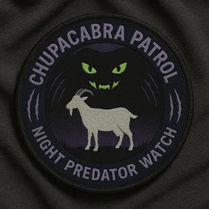 Pode incluir: Remendo redondo com o texto "CHUPACABRA PATROL NIGHT PREDATOR WATCH" em roxo. Apresenta uma silhueta de cabra cinzenta e uma criatura preta com olhos e dentes verdes. Fundo cinza escuro.