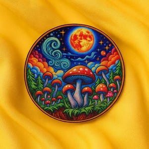 May include: A circular patch featuring a vibrant illustration of mushrooms under a red moon. The design includes colorful clouds, stars, and a forest scene, with the mushrooms having red caps and white spots. The patch is set against a yellow background.