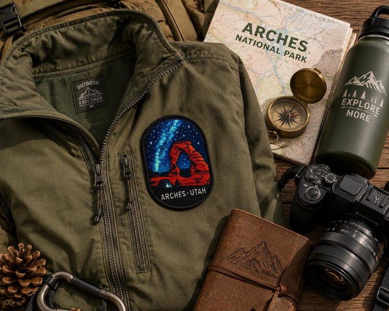 Op de afbeelding: Een olijfgroene jas met rits en een ovaal geborduurde patch die de rode rots Delicate Arch in Arches Utah onder een sterrenhemel afbeeldt. De patch bevat de tekst ARCHES UTAH in witte letters aan de onderkant.
