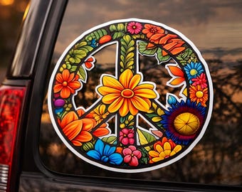 Floral Peace Sign Sticker, Boho Retro Vinyl Decal Sticker/Retro Boho 70's Music Festival Decal for Car Truck Window Bumper Graphics