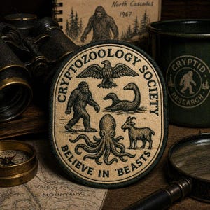 May include: A Cryptid Zoology Society patch with a Bigfoot, eagle, sea serpent, octopus, and goat illustration. The patch is tan with a green border and the words "Believe in Beasts". Other items include a mug, binoculars, and a compass.