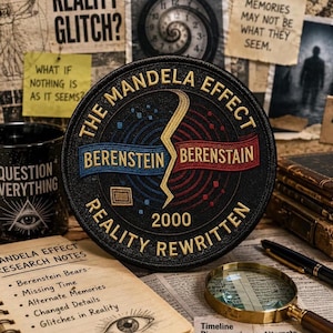 May include: A circular black embroidered patch featuring gold text that reads THE MANDELA EFFECT and REALITY REWRITTEN. The center displays a gold lightning bolt separating the words BERENSTEIN in blue and BERENSTAIN in red, with the year 2000 below.