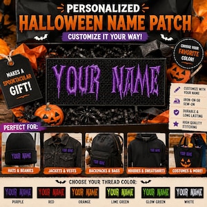 May include: A rectangular black embroidered patch featuring the text YOUR NAME in a purple spooky font. The display shows the patch applied to a beanie, denim jacket, backpack, hoodie, and tote bag, with color options including purple, red, orange, lime green, glow green, and white.