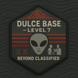 May include: A hexagonal patch with the text "DULCE BASE - LEVEL 7" above an alien face. Below the alien are two DNA strands and the words "BEYOND CLASSIFIED". The patch has a red mountain graphic and red stripes.