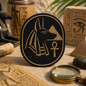 May include: An oval black patch with a gold embroidered Anubis design, a pyramid, and an ankh symbol. The patch is surrounded by other Egyptian-themed items, including a statue, a scroll, and a magnifying glass.