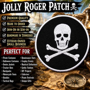 Jolly Roger Pirate Flag Patch/Iron-On Patch/Skeleton Skull & Bones/Halloween/Embroidered Sew-On Applique for Clothing, Vest/Jacket, Backpack