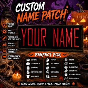 May include: A rectangular black fabric patch featuring the text YOUR NAME embroidered in red. The patch is displayed against a Halloween-themed background with a pumpkin, a skull, and a lantern, alongside text listing product features.