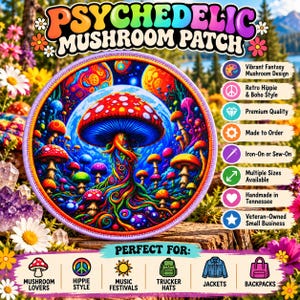 Psychedelic Magic Mushrooms Patch/Iron-On Patch/Retro Hippie Boho Woodstock Music/Sew-On Applique for Clothing Backpacks, Vest/Jacket Bag