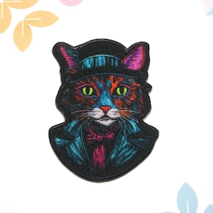 Cool Cat in a Top Hat Patch Iron-on/Sew-on Applique for Backpack Clothing Vest Bag Jacket Hat, Animal Badge, Decorative, Funny Humor Emblem