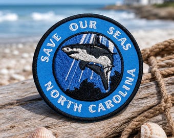 Save Our Seas Shark Patch/Iron-On Patch/North Carolina Souvenir/Embroidered Sew-On Applique for Clothing Vest/Jacket Hats Tote Bags Backpack