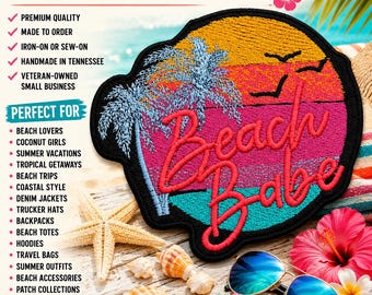 Beach Babe Patch/Iron-on Patch/Embroidered Sew-On Applique for Backpacks, Clothing, Tote Bags, Jacket, Hats, Coconut Girl, Beach Vibes Patch