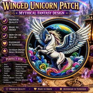 May include: A circular embroidered patch featuring a white winged unicorn with a blue horn, set against a black background with colorful swirling clouds. The text WINGED UNICORN PATCH and MYTHICAL FANTASY DESIGN is displayed at the top.