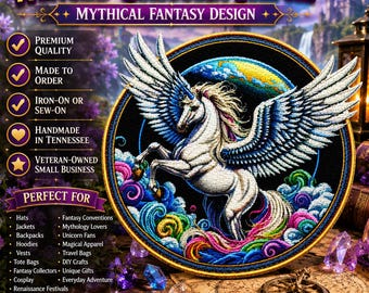 May include: A circular embroidered patch featuring a white winged unicorn with a blue horn, set against a black background with colorful swirling clouds. The text WINGED UNICORN PATCH and MYTHICAL FANTASY DESIGN is displayed at the top.