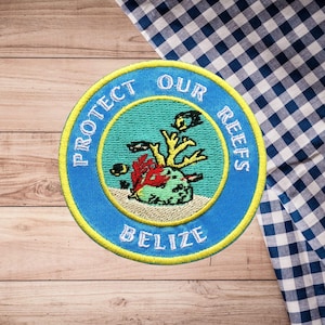 Protect Our Reefs Patch Embroidered Iron-On Applique for Tote Bags & Clothing, Tropical Vibes Patch, Sea Life Patch, Belize Beach Patch
