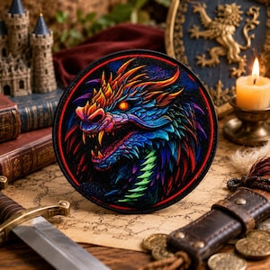 Könnte beinhalten: Ein runder Aufnäher mit einem farbenfrohen Drachendesign. Der Drache hat ein rot-, orange-, blau- und grüntöniges Farbschema mit scharfen Zähnen und leuchtend gelben Augen. Der Aufnäher ist rot und schwarz umrandet.