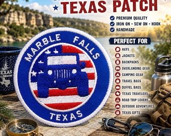 Marble Falls Texas Patch Embroidered Iron-On Applique for Backpack & Clothing, Road Trip, SUV 4x4 Top Off, Outdoor Patch
