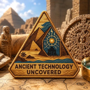 Puede incluir: Un parche triangular bordado que muestra un paisaje de pirámides doradas, un símbolo azul similar a un sol con rayos y una palmera. El texto ANCIENT TECHNOLOGY UNCOVERED está bordado en letras de color marrón oscuro en la parte inferior.