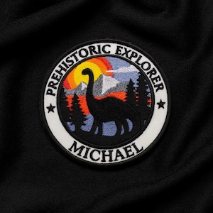 Custom Name Patch/Personalized Text/Brontosaurus Dinosaur Badge/Iron-on Applique/Jurassic Park Badge/Costume/T-Rex/Prehistoric Explorer
