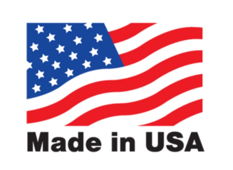 May include: A red, white, and blue American flag with 13 stripes and 50 white stars on a blue field. The flag is waving in the wind. Below the flag is the text "Made in USA".