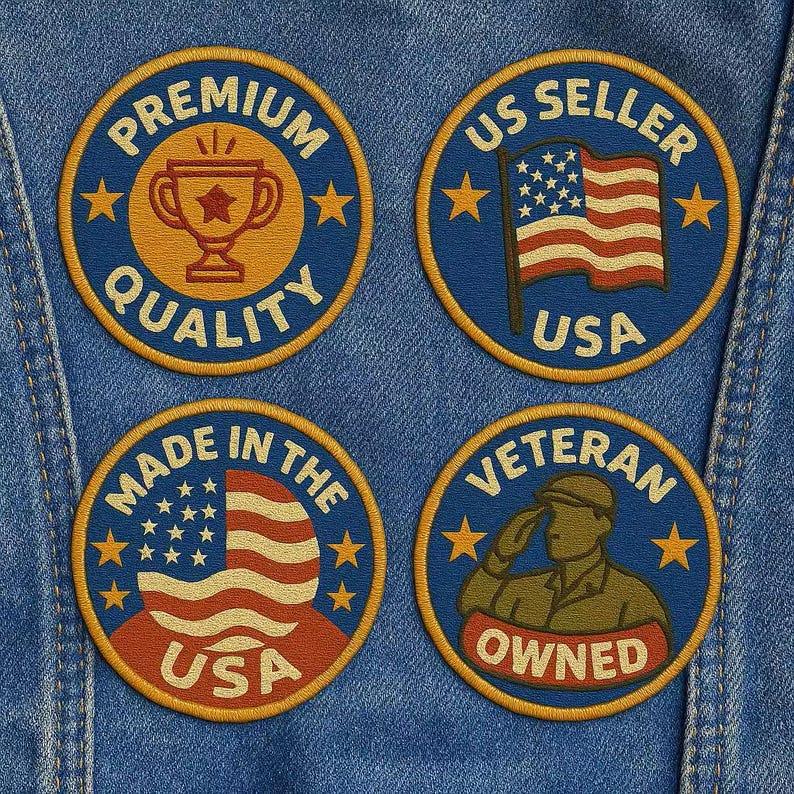May include: Four round embroidered patches with patriotic themes. The patches are blue, gold, and red. One patch says "Premium Quality" with a trophy. Another says "US Seller USA" with a flag. One says "Made in the USA". The last says "Veteran Owned".