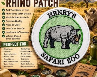 Custom Name Patch/Personalized Text/Rhinoceros/Iron-on Patch/Africa/African Safari/Zoo Gift/Embroidered Sew-On Applique for Clothes Backpack