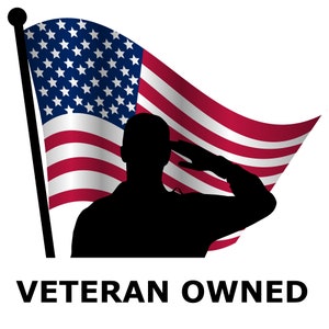 May include: A silhouette of a person saluting in front of an American flag, with the text "Veteran Owned" below.