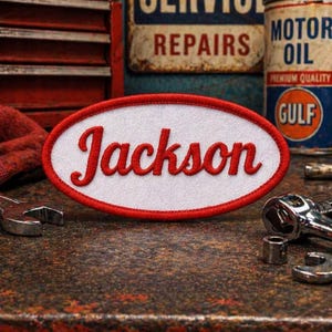 Personalized Name Embroidered Iron On Name Tag - Garage Name Patch - Uniform name patch