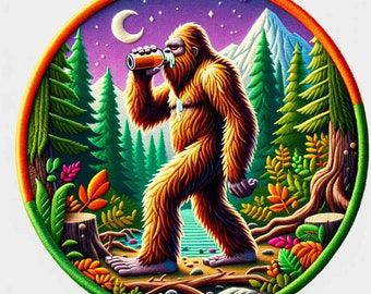 Drinking Bigfoot Patch Iron-on/Sew-on Applique for Backpack Clothing Vest Denim Jacket, Wild Animal Badge, Beer patch, Nature & Outdoors