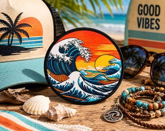 Retro Wave Patch/Iron-on Patch/Ocean Badge/Beach Souvenir/Coconut Girl/Sew-On Applique for Clothing Backpack Vest/Jacket Hats Tote Bags Gear