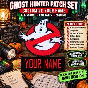 May include: A circular embroidered patch featuring a white ghost character inside a red circle with a diagonal slash, accompanied by a rectangular black patch with the red embroidered text YOUR NAME, designed for ghost hunter costumes.
