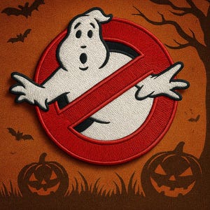 May include: Embroidered patch featuring the Ghostbusters logo with a white ghost emerging from the red no-ghost symbol. The design includes a Halloween theme with pumpkins, bats, and a tree silhouette against an orange background.