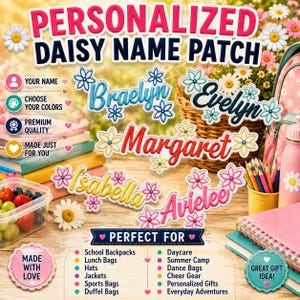 Embroidered Custom Daisy Name Patch, Colorful Flower Name Patch, Sew/Iron On Patches for Clothing, Hats, Backpacks, Custom Name Patch