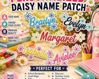 Embroidered Custom Daisy Name Patch, Colorful Flower Name Patch, Sew/Iron On Patches for Clothing, Hats, Backpacks, Custom Name Patch