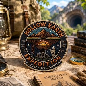 Könnte beinhalten: Gestickter Aufnäher mit dem Text "Hollow Earth Expedition Journey to Agartha" mit einer Berglandschaft, Sonne und einer Figur. Der Aufnäher liegt auf einer Karte mit Kompass, Laterne und Büchern.