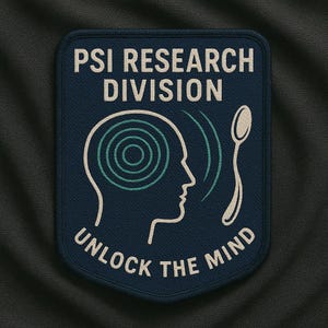 Può includere: Toppa blu navy con testo bianco che recita "PSI RESEARCH DIVISION" sopra una grafica di una testa con cerchi concentrici e onde sonore. Un grafico di cucchiaio è a destra. Il testo "UNLOCK THE MIND" è in basso.